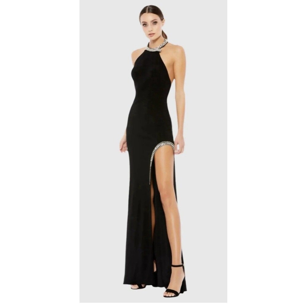 mac duggal Black Rhinestone Accented Halter Black Gown Size:2 $298